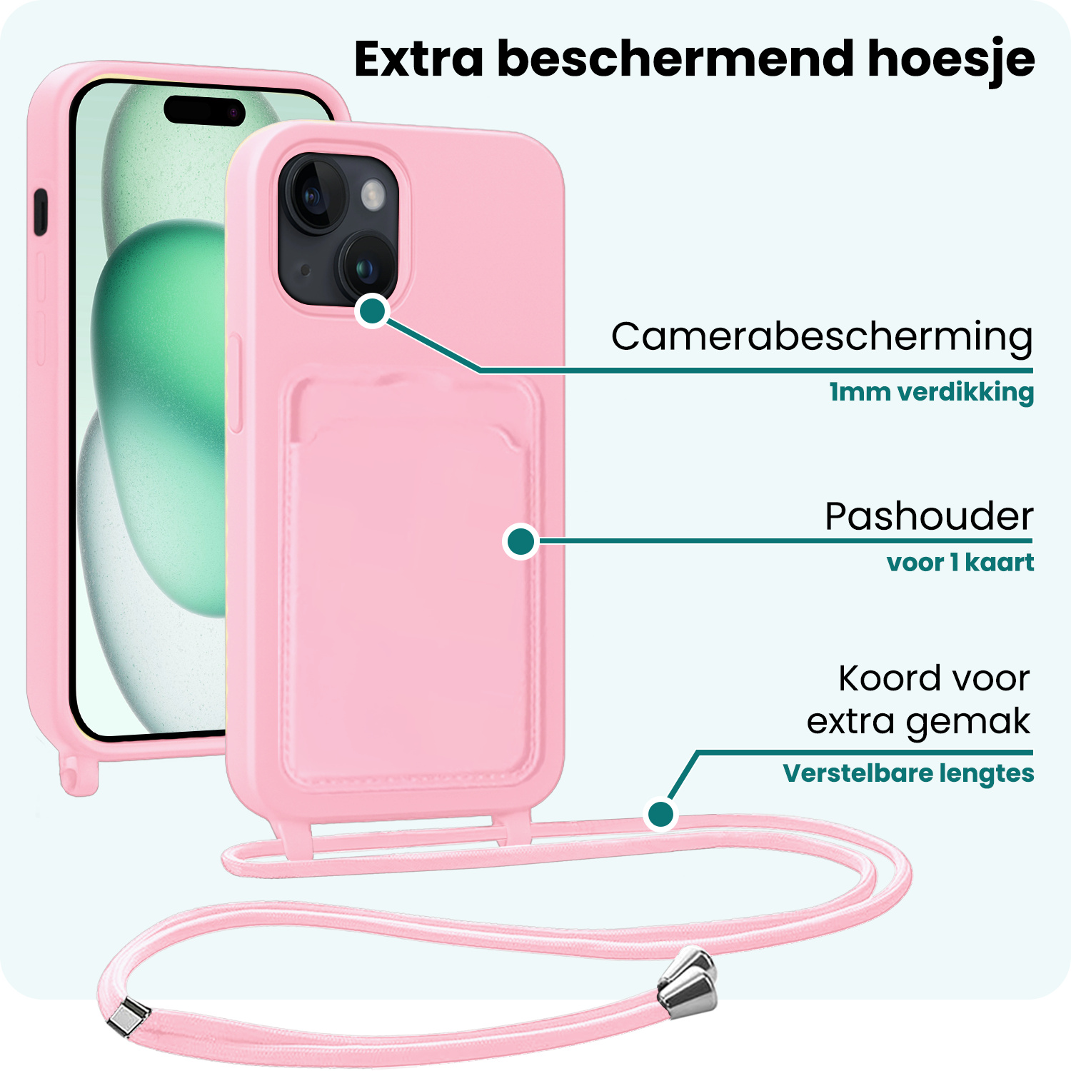Forterra Forterra iPhone 15 Hoesje Pashouder met Koord Met Screenprotector - Lichtroze