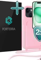 Forterra Forterra iPhone 15 Hoesje Pashouder met Koord Met 2x Screenprotector - Lichtroze