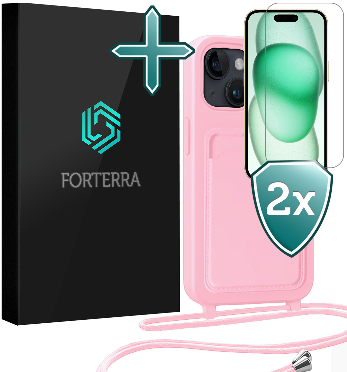 Forterra Forterra iPhone 15 Hoesje Pashouder met Koord Met 2x Screenprotector - Lichtroze