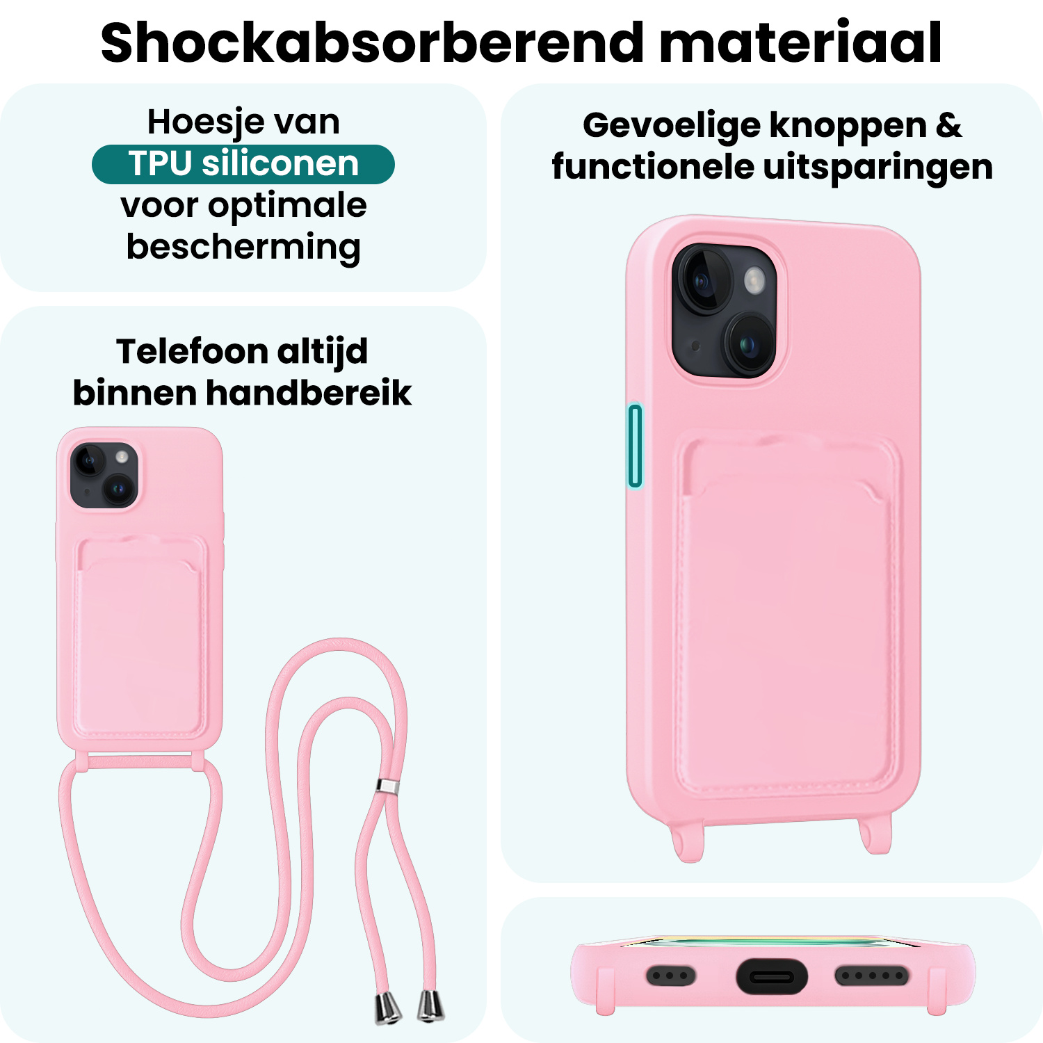 Forterra Forterra iPhone 15 Hoesje Pashouder met Koord Met 2x Screenprotector - Lichtroze