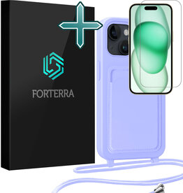 Forterra Forterra iPhone 15 Hoesje Pashouder met Koord Met Screenprotector - Lila