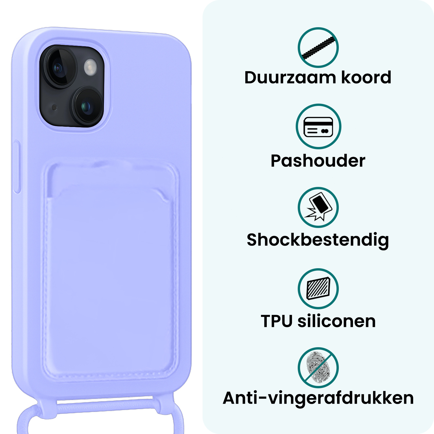 Forterra Forterra iPhone 15 Hoesje Pashouder met Koord Met Screenprotector - Lila