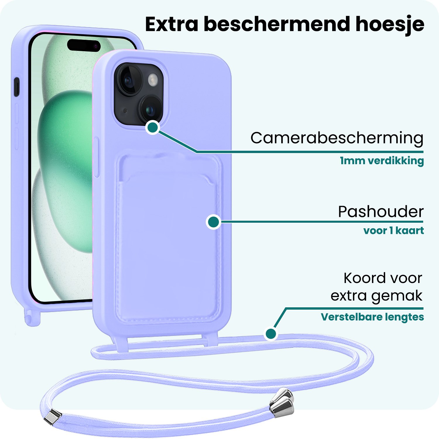 Forterra Forterra iPhone 15 Hoesje Pashouder met Koord Met Screenprotector - Lila
