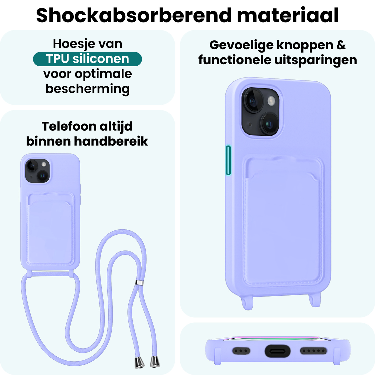 Forterra Forterra iPhone 15 Hoesje Pashouder met Koord Met Screenprotector - Lila