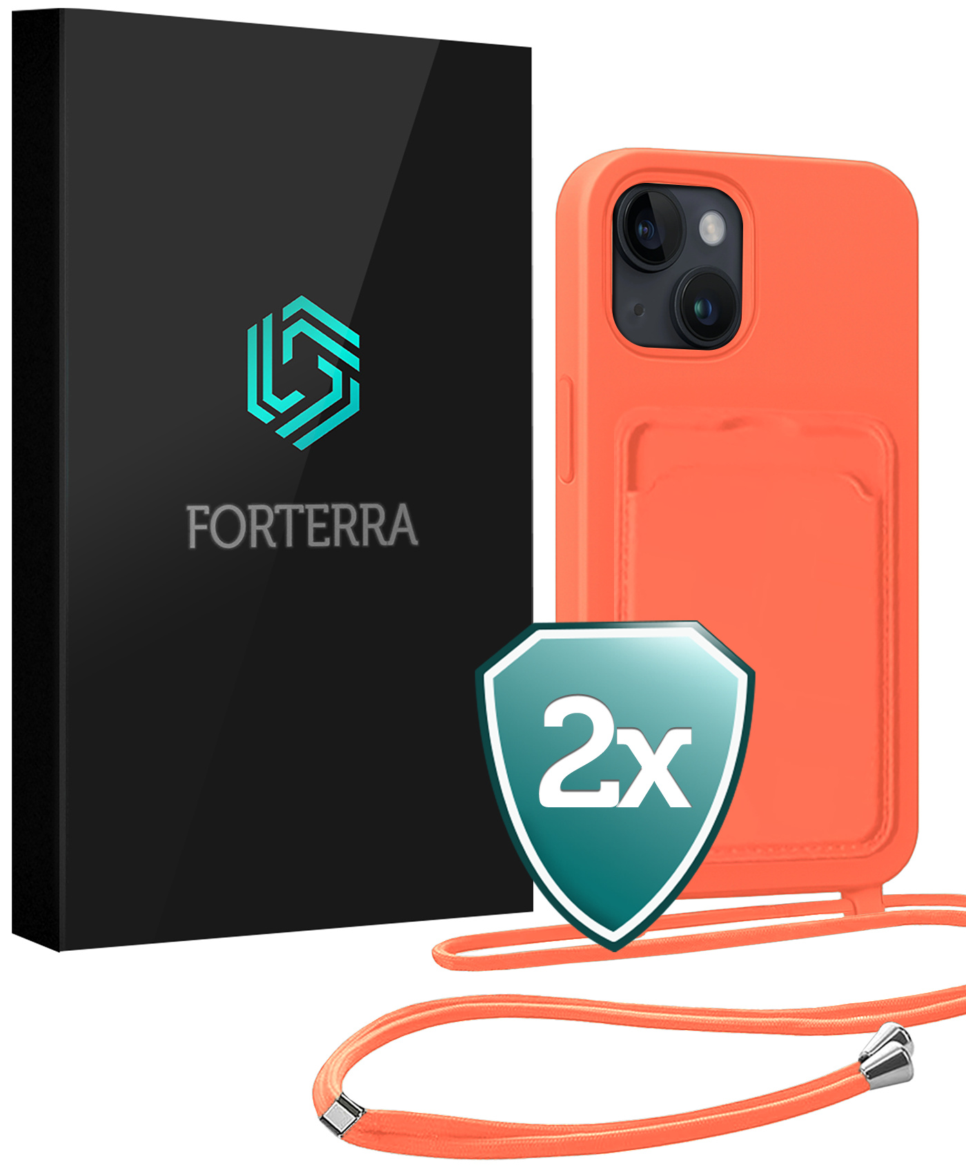 Forterra Forterra iPhone 15 Hoesje Pashouder met Koord - Papaya - 2 PACK