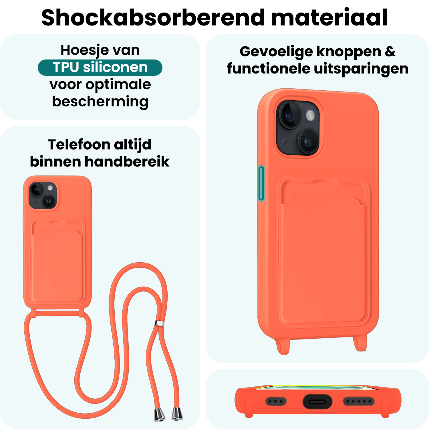 Forterra Forterra iPhone 15 Hoesje Pashouder met Koord - Papaya - 2 PACK