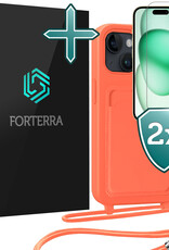 Forterra Forterra iPhone 15 Hoesje Pashouder met Koord Met 2x Screenprotector - Papaya