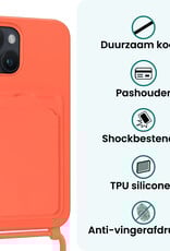 Forterra Forterra iPhone 15 Hoesje Pashouder met Koord Met 2x Screenprotector - Papaya