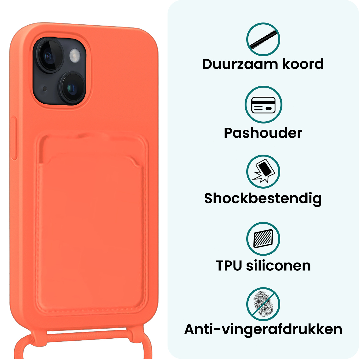 Forterra Forterra iPhone 15 Hoesje Pashouder met Koord Met 2x Screenprotector - Papaya