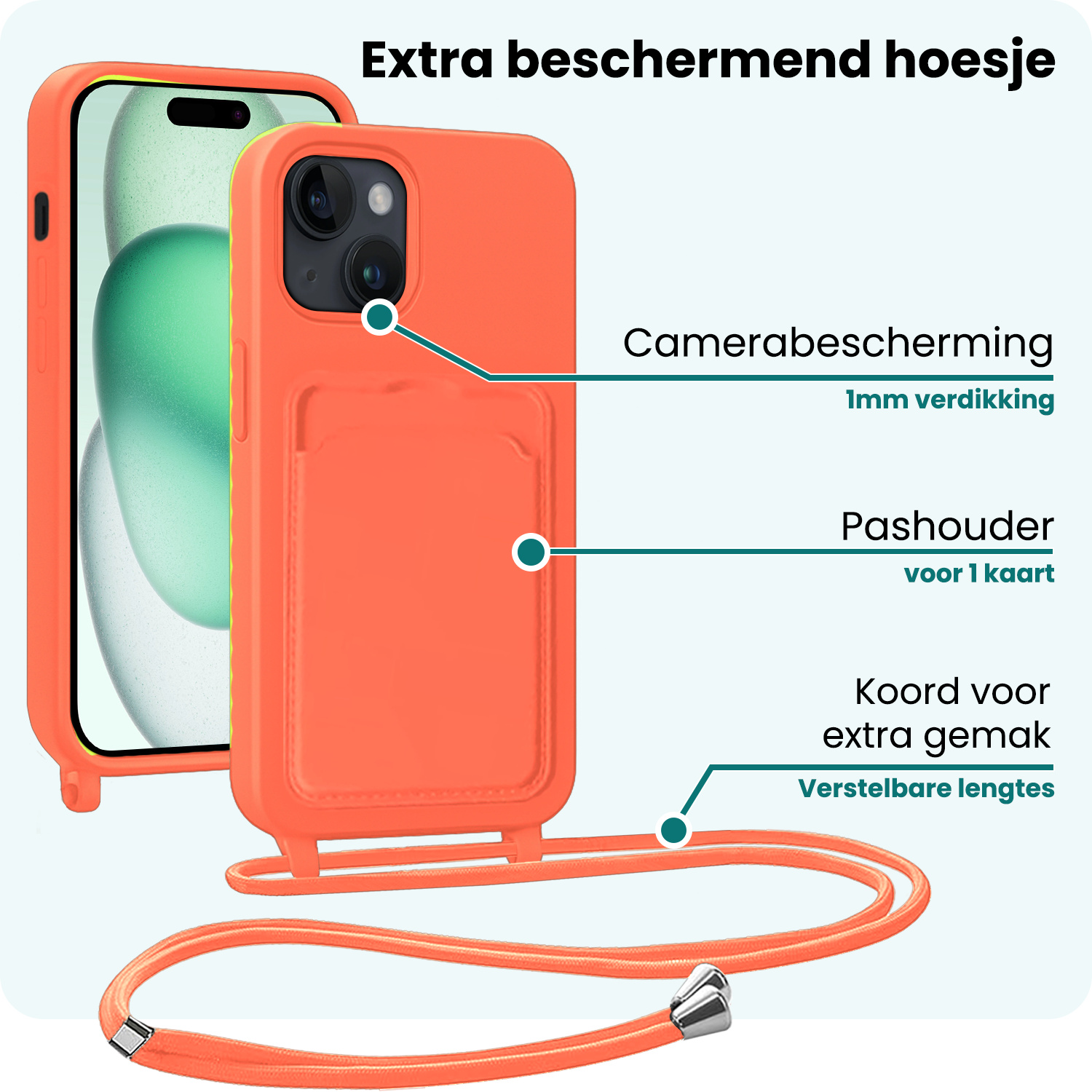 Forterra Forterra iPhone 15 Hoesje Pashouder met Koord Met 2x Screenprotector - Papaya