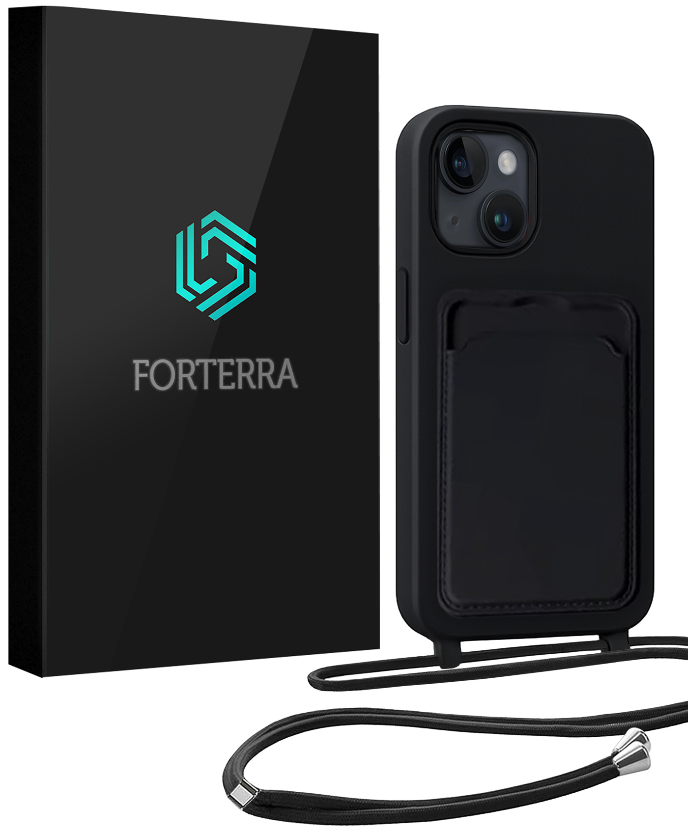 Forterra Forterra iPhone 15 Hoesje Pashouder met Koord - Zwart