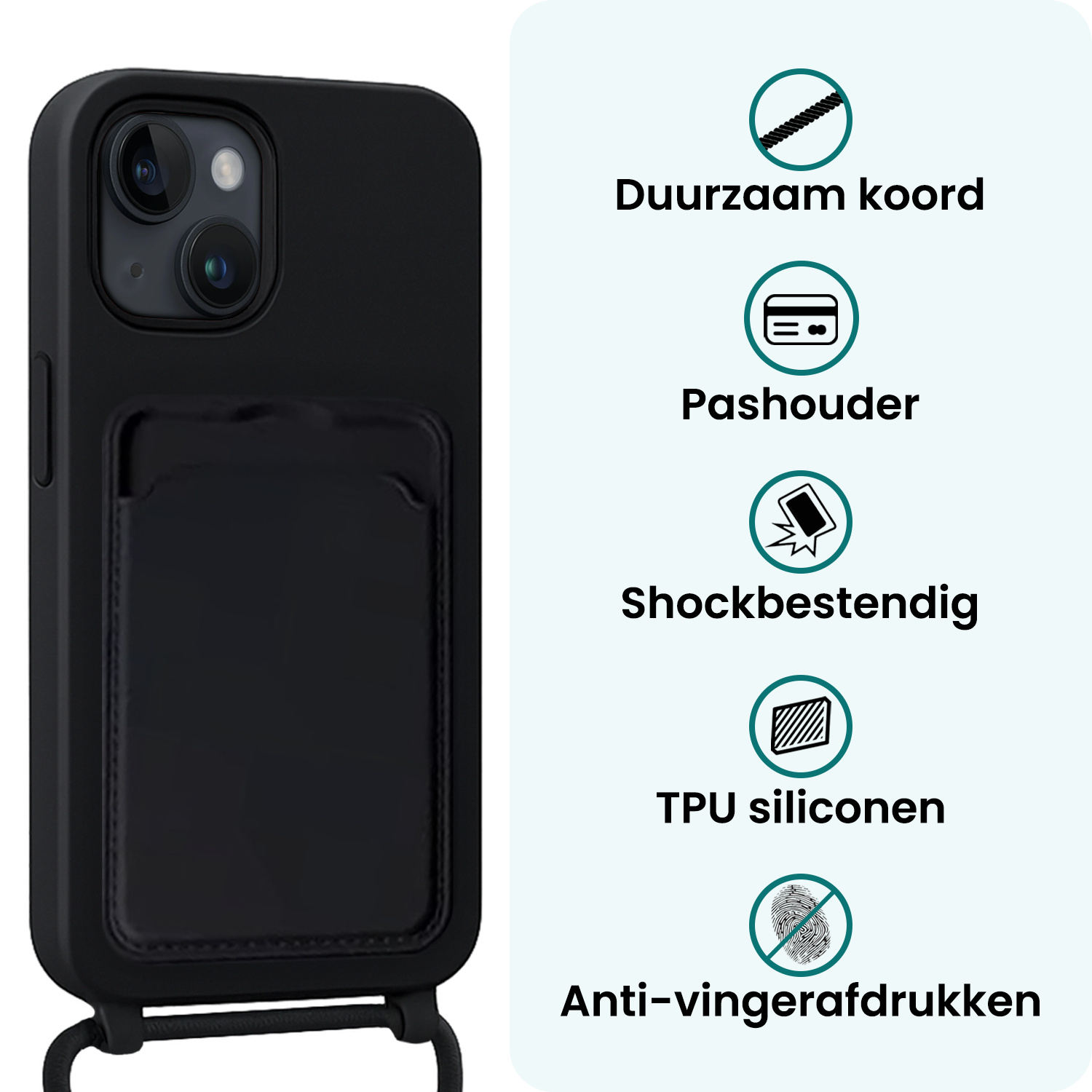 Forterra Forterra iPhone 15 Hoesje Pashouder met Koord - Zwart
