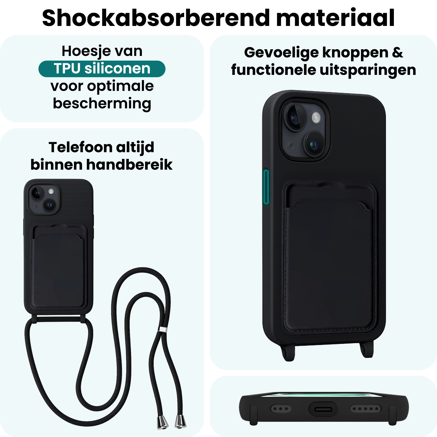 Forterra Forterra iPhone 15 Hoesje Pashouder met Koord - Zwart