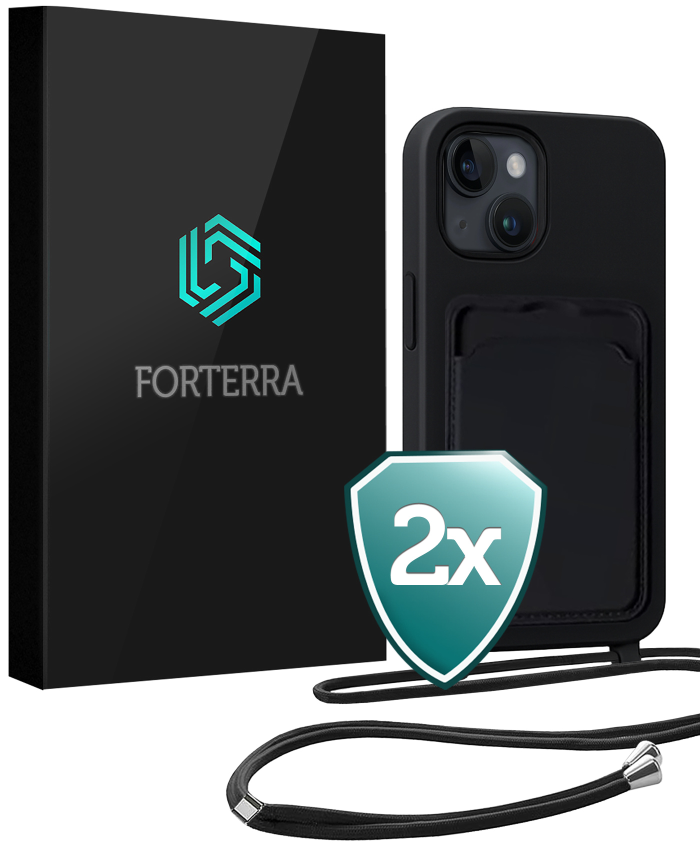 Forterra Forterra iPhone 15 Hoesje Pashouder met Koord - Zwart - 2 PACK