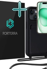 Forterra Forterra iPhone 15 Hoesje Pashouder met Koord Met Screenprotector - Zwart