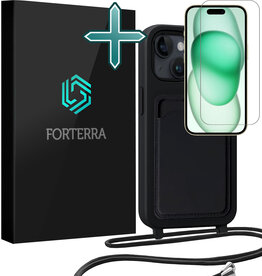Forterra Forterra iPhone 15 Hoesje Pashouder met Koord Met Screenprotector - Zwart