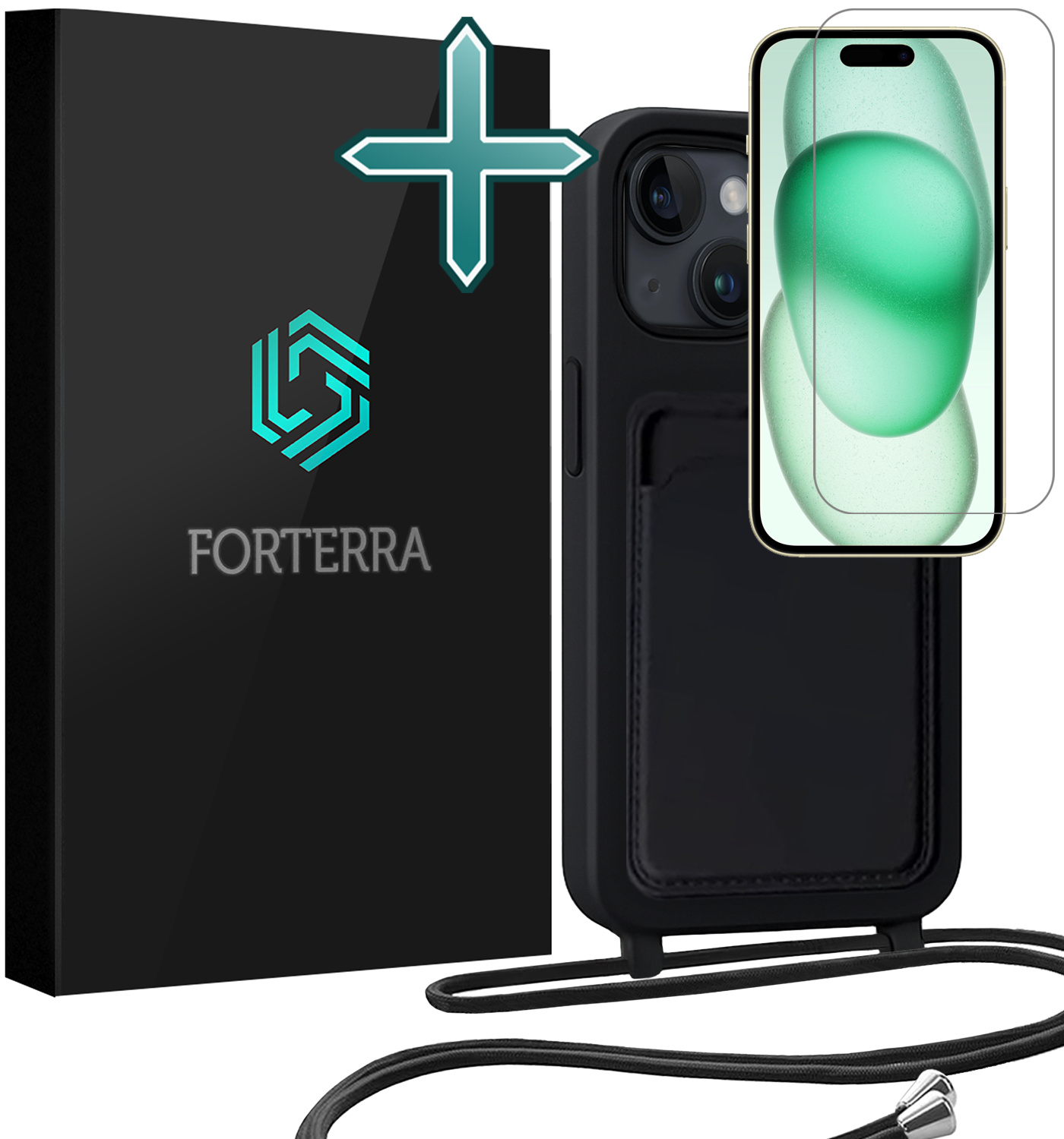 Forterra Forterra iPhone 15 Hoesje Pashouder met Koord Met Screenprotector - Zwart