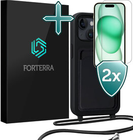 Forterra Forterra iPhone 15 Hoesje Pashouder met Koord Met 2x Screenprotector - Zwart