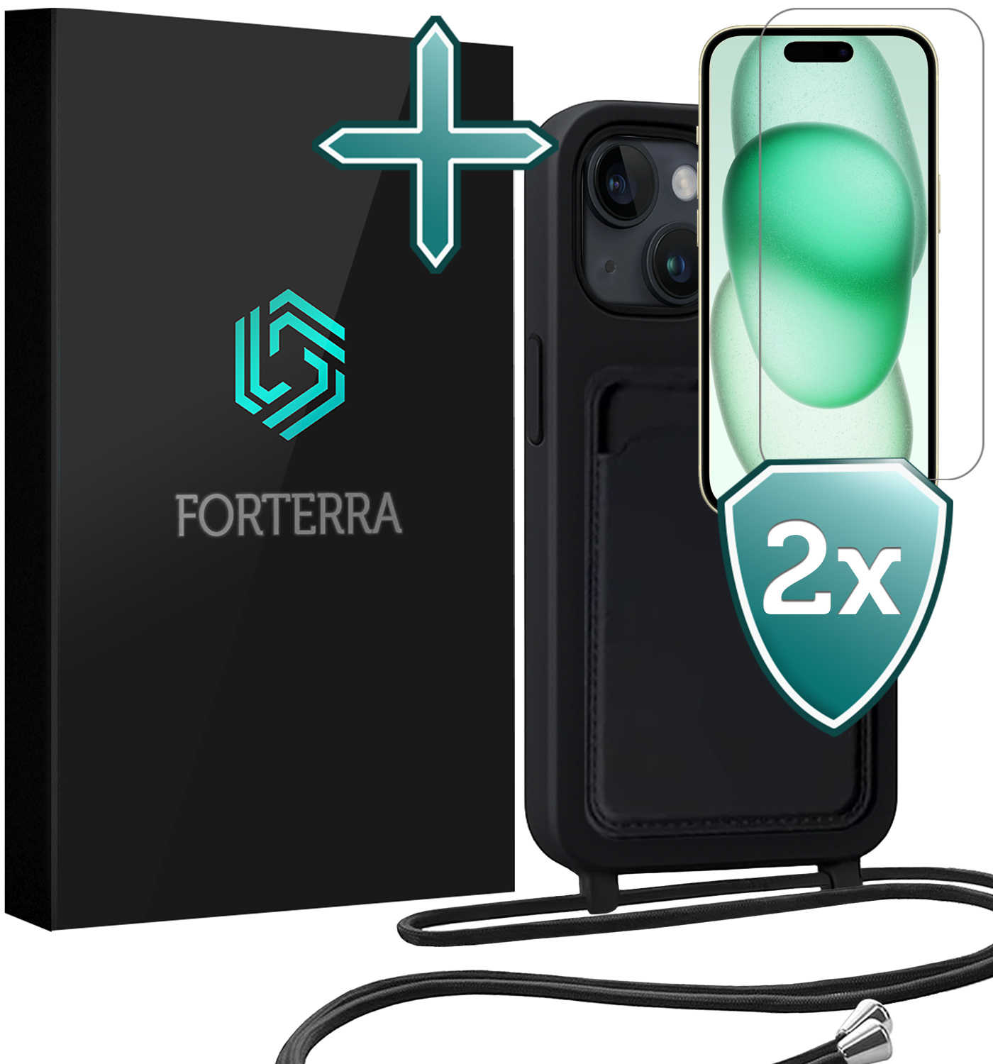 Forterra Forterra iPhone 15 Hoesje Pashouder met Koord Met 2x Screenprotector - Zwart