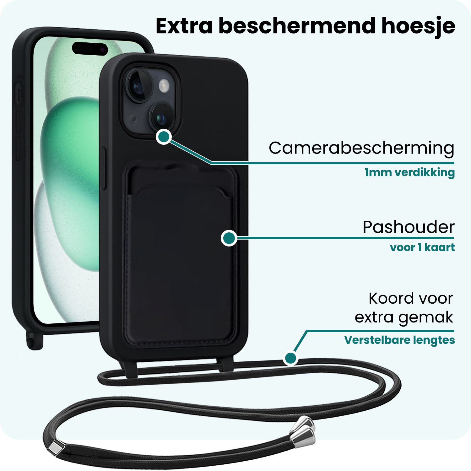 Forterra Forterra iPhone 15 Hoesje Pashouder met Koord Met 2x Screenprotector - Zwart