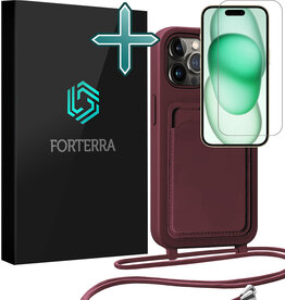 Forterra Forterra iPhone 15 Pro Hoesje Pashouder met Koord Met Screenprotector - Aubergine