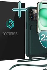 Forterra Forterra iPhone 15 Pro Hoesje Pashouder met Koord Met 2x Screenprotector - Donkergroen