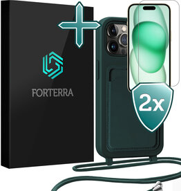 Forterra Forterra iPhone 15 Pro Hoesje Pashouder met Koord Met 2x Screenprotector - Donkergroen