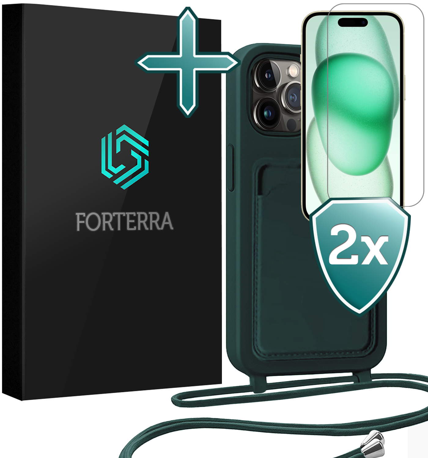 Forterra Forterra iPhone 15 Pro Hoesje Pashouder met Koord Met 2x Screenprotector - Donkergroen