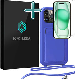 Forterra Forterra iPhone 15 Pro Hoesje Pashouder met Koord Met Screenprotector - Fel Blauw