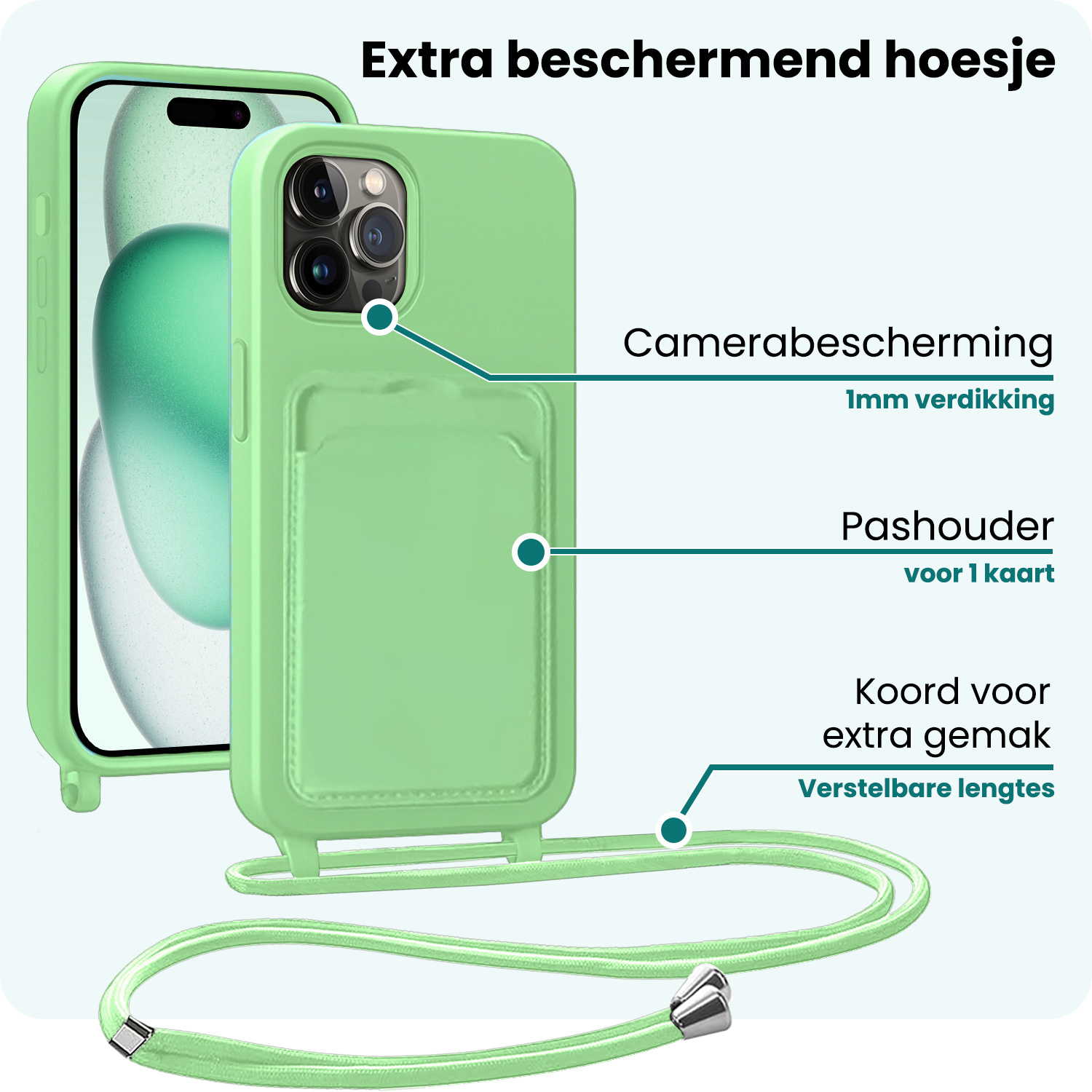 Forterra Forterra iPhone 15 Pro Hoesje Pashouder met Koord - Groen - 2 PACK