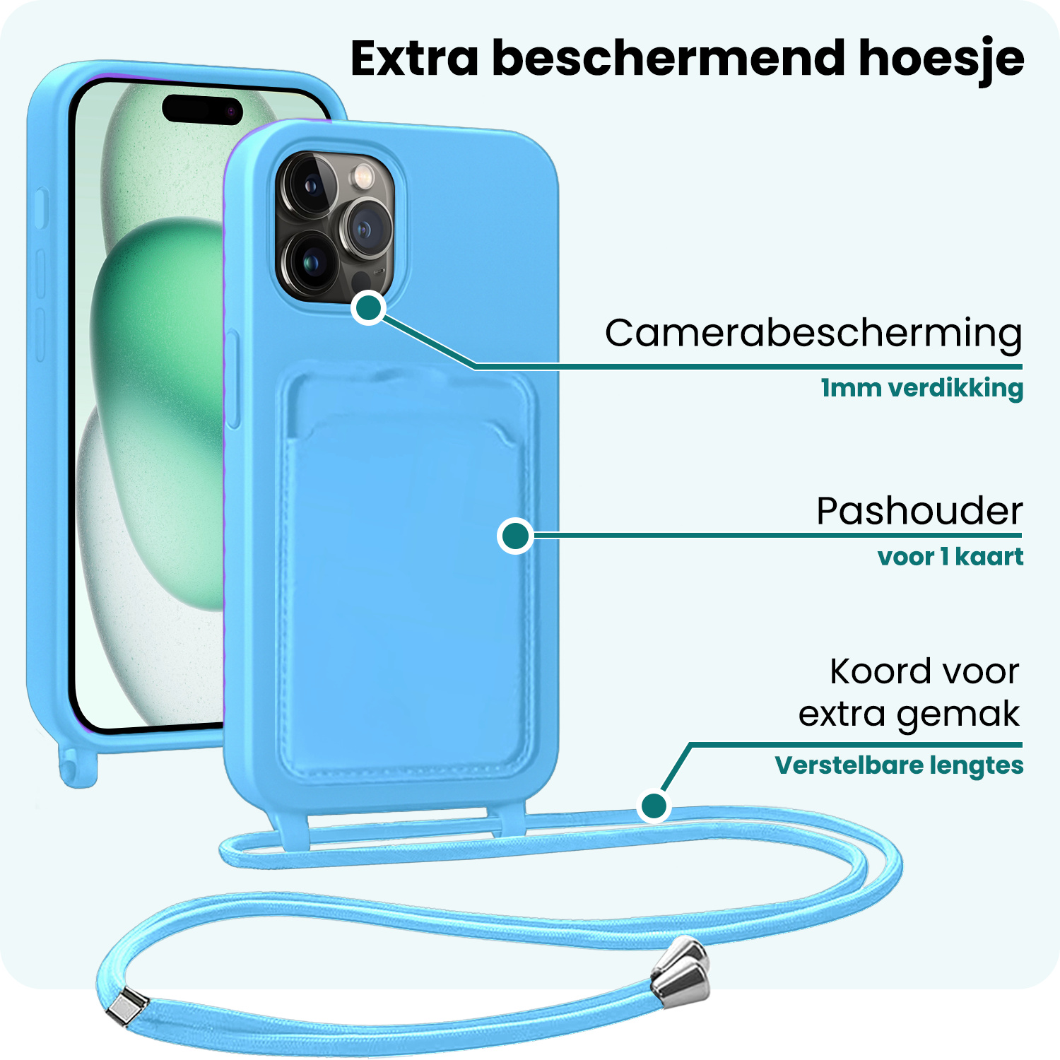 Forterra Forterra iPhone 15 Pro Hoesje Pashouder met Koord - Lichtblauw - 2 PACK