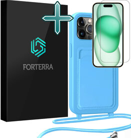 Forterra Forterra iPhone 15 Pro Hoesje Pashouder met Koord Met Screenprotector - Lichtblauw
