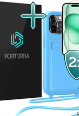 Forterra Forterra iPhone 15 Pro Hoesje Pashouder met Koord Met 2x Screenprotector - Lichtblauw