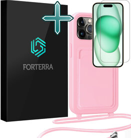Forterra Forterra iPhone 15 Pro Hoesje Pashouder met Koord Met Screenprotector - Lichtroze