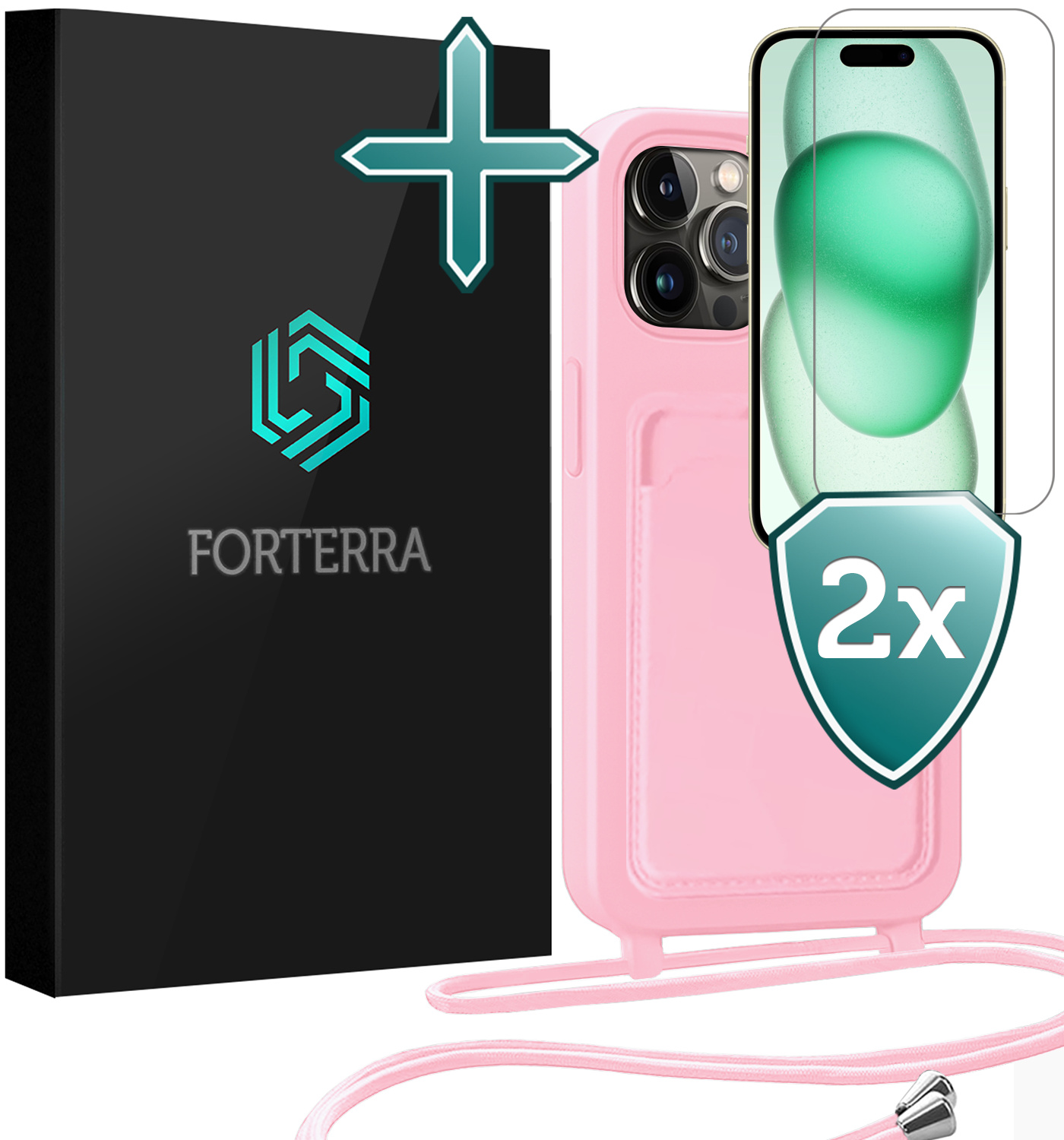 Forterra Forterra iPhone 15 Pro Hoesje Pashouder met Koord Met 2x Screenprotector - Lichtroze