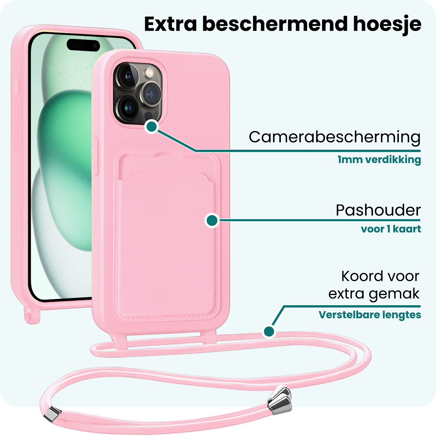 Forterra Forterra iPhone 15 Pro Hoesje Pashouder met Koord Met 2x Screenprotector - Lichtroze