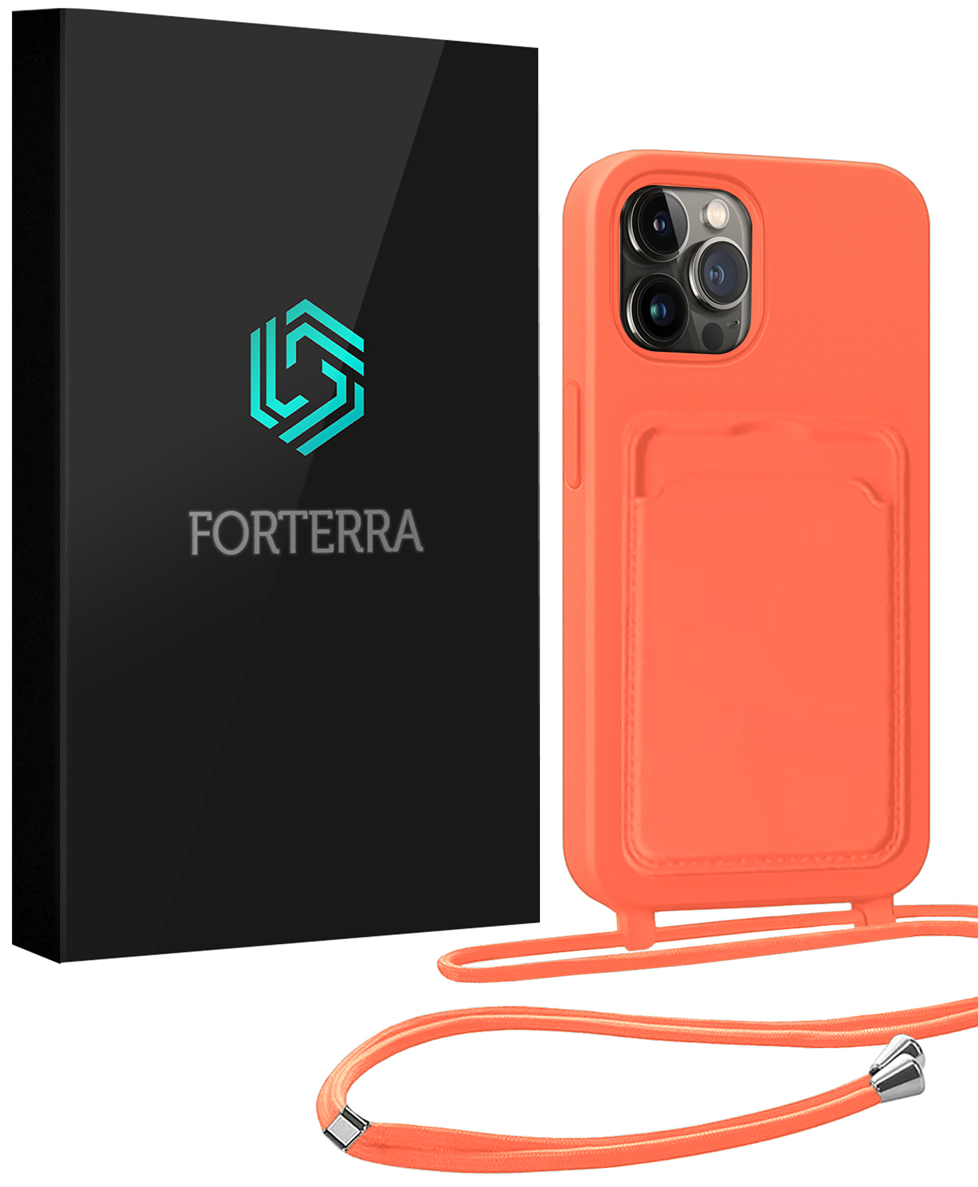 Forterra Forterra iPhone 15 Pro Hoesje Pashouder met Koord - Papaya