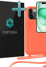 Forterra Forterra iPhone 15 Pro Hoesje Pashouder met Koord Met Screenprotector - Papaya