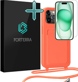 Forterra Forterra iPhone 15 Pro Hoesje Pashouder met Koord Met Screenprotector - Papaya