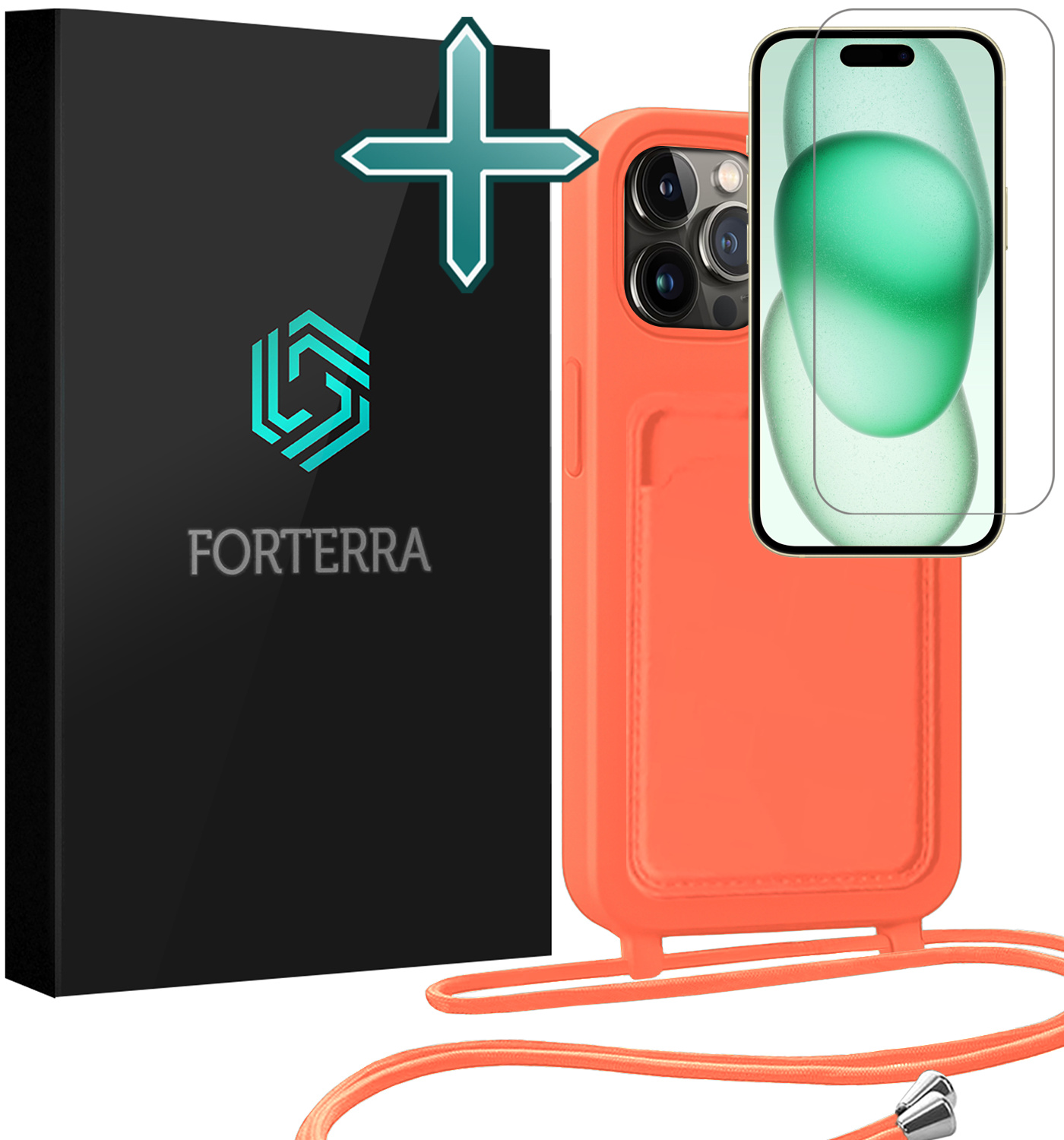 Forterra Forterra iPhone 15 Pro Hoesje Pashouder met Koord Met Screenprotector - Papaya