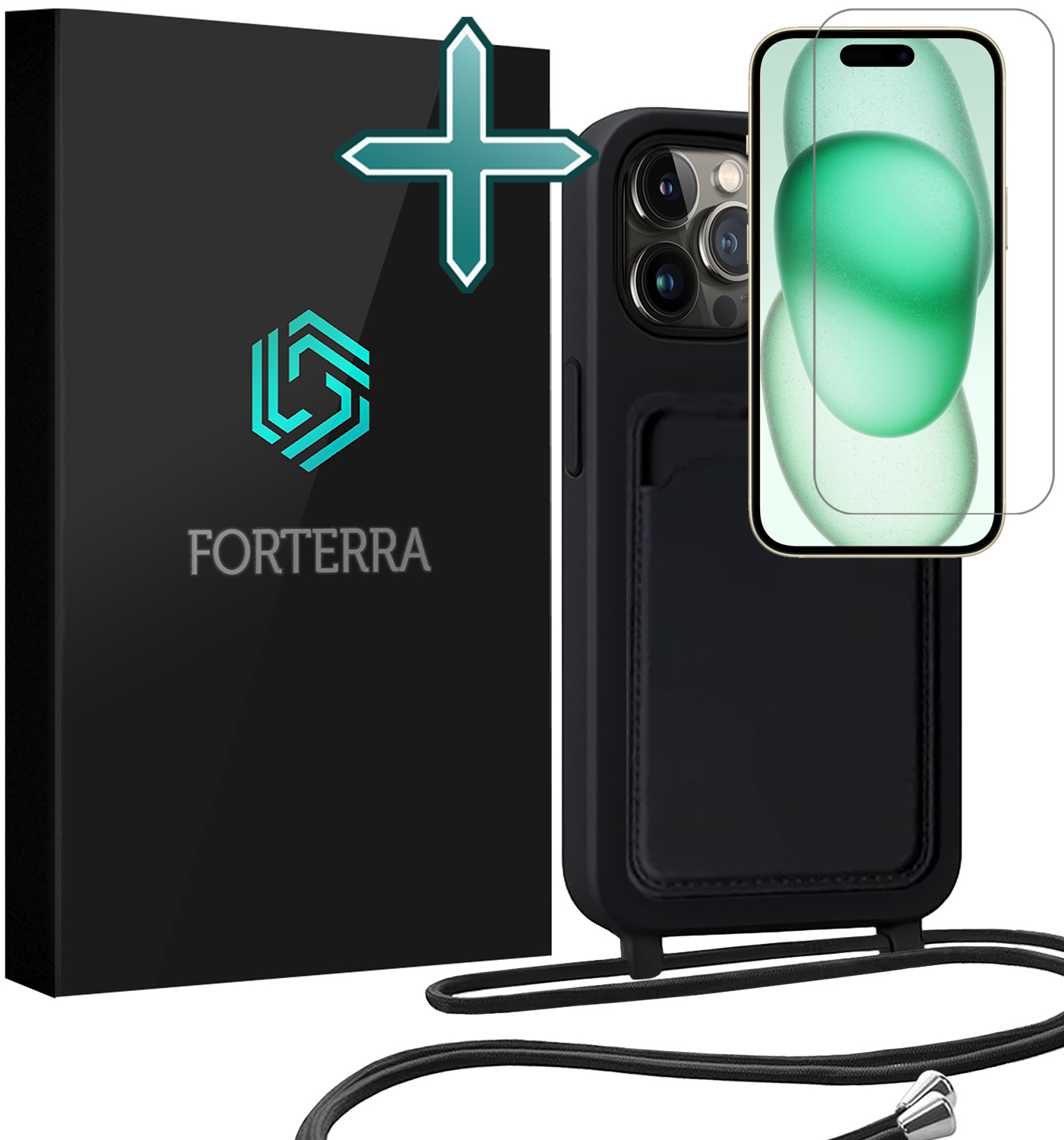 Forterra Forterra iPhone 15 Pro Hoesje Pashouder met Koord Met Screenprotector - Zwart
