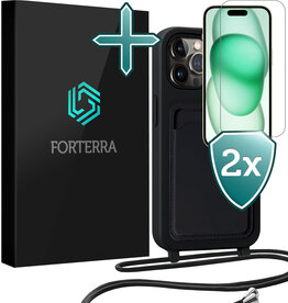 Forterra Forterra iPhone 15 Pro Hoesje Pashouder met Koord Met 2x Screenprotector - Zwart
