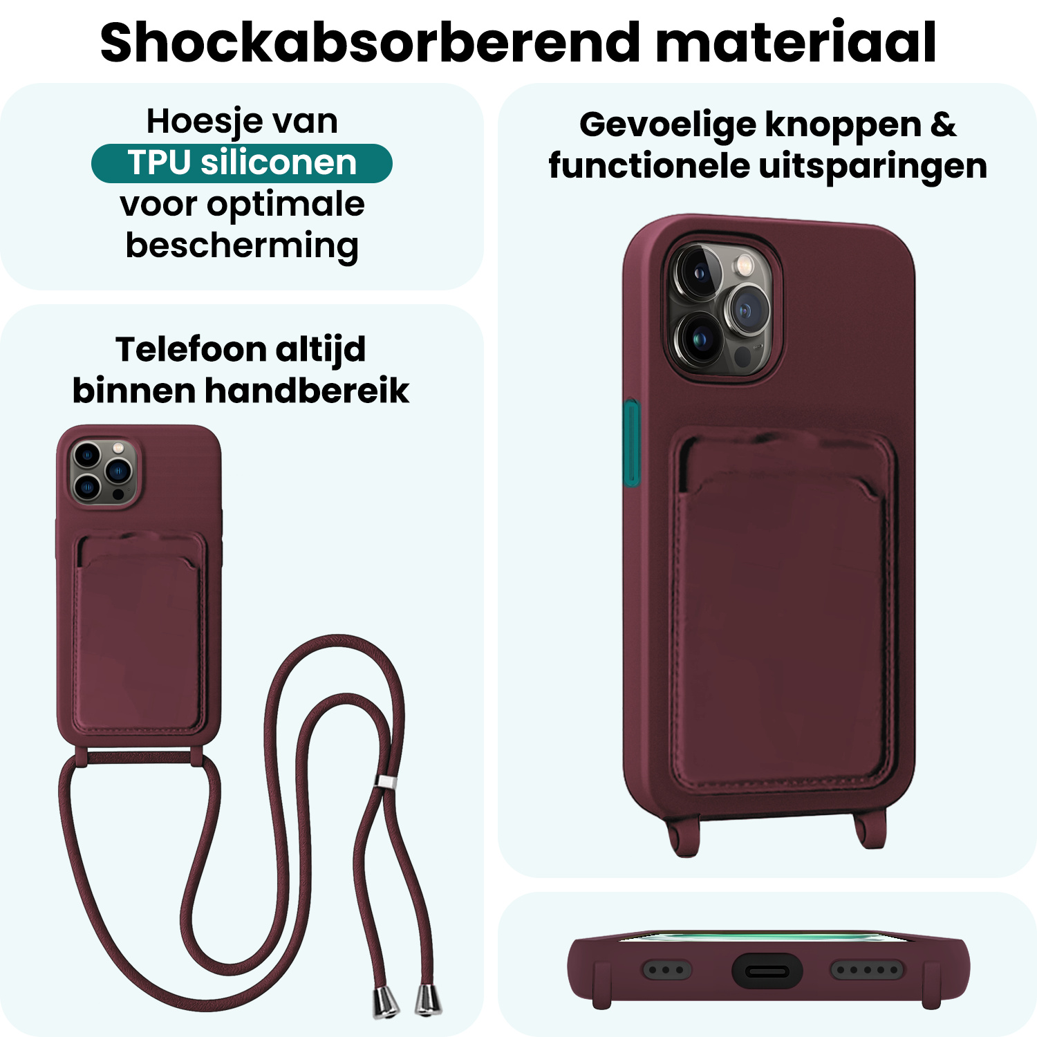 Forterra Forterra iPhone 15 Pro Max Hoesje Pashouder met Koord - Aubergine - 2 PACK