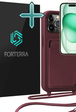 Forterra Forterra iPhone 15 Pro Max Hoesje Pashouder met Koord Met Screenprotector - Aubergine
