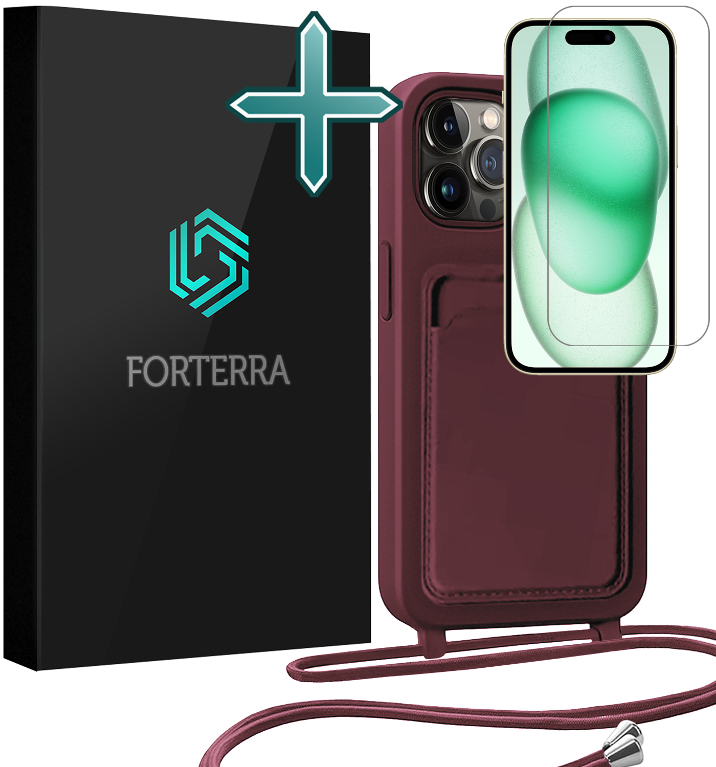 Forterra Forterra iPhone 15 Pro Max Hoesje Pashouder met Koord Met Screenprotector - Aubergine