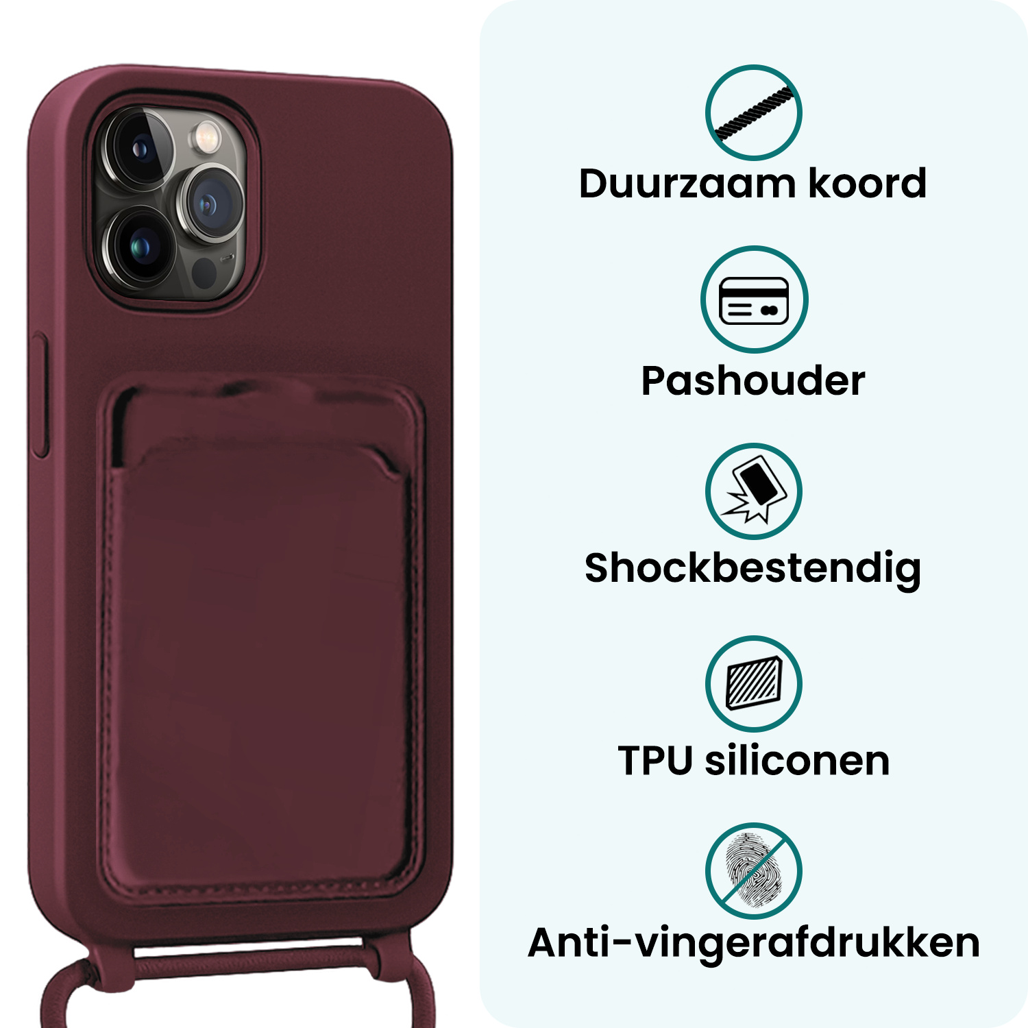 Forterra Forterra iPhone 15 Pro Max Hoesje Pashouder met Koord Met Screenprotector - Aubergine