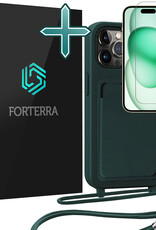 Forterra Forterra iPhone 15 Pro Max Hoesje Pashouder met Koord Met Screenprotector - Donkergroen