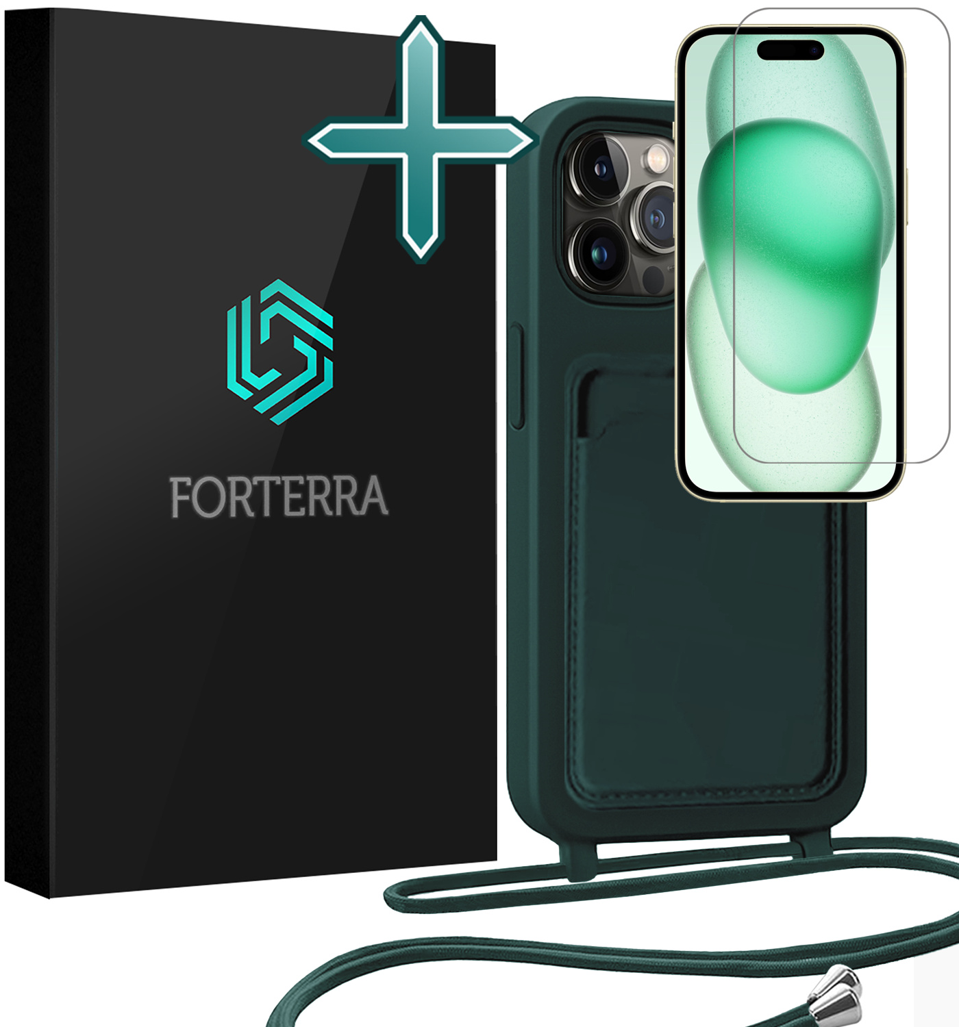 Forterra Forterra iPhone 15 Pro Max Hoesje Pashouder met Koord Met Screenprotector - Donkergroen