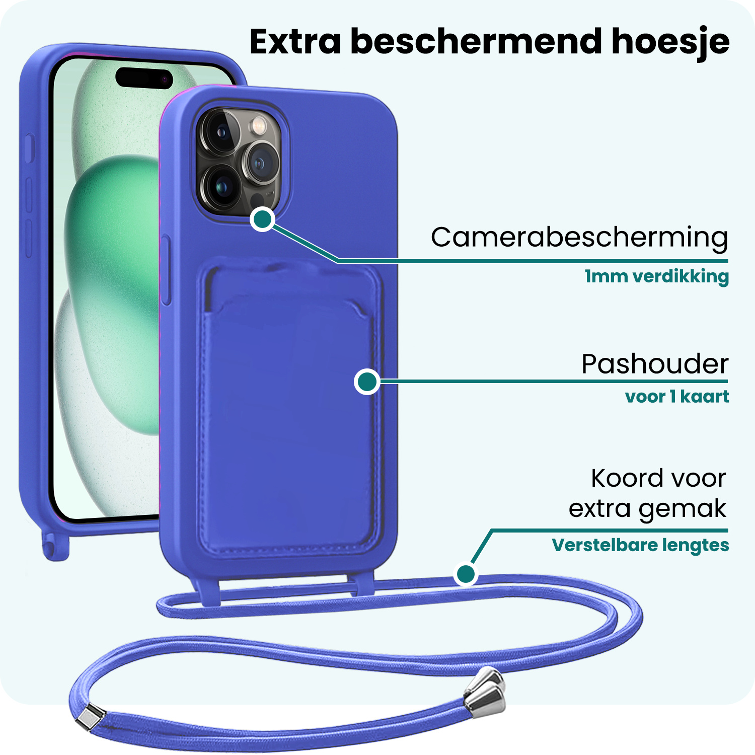 Forterra Forterra iPhone 15 Pro Max Hoesje Pashouder met Koord - Fel Blauw - 2 PACK