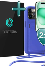 Forterra Forterra iPhone 15 Pro Max Hoesje Pashouder met Koord Met 2x Screenprotector - Fel Blauw